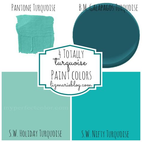 4 amazing turquoise paint colors for projects, walls, and furniture! Light Turquoise Paint, Pantone Turquoise, Turquoise Kitchen Cabinets, Turquoise Paint Colors, Turquoise Paint, Embellished Pillows, Turquoise Table, Turquoise Kitchen, Color Pantone