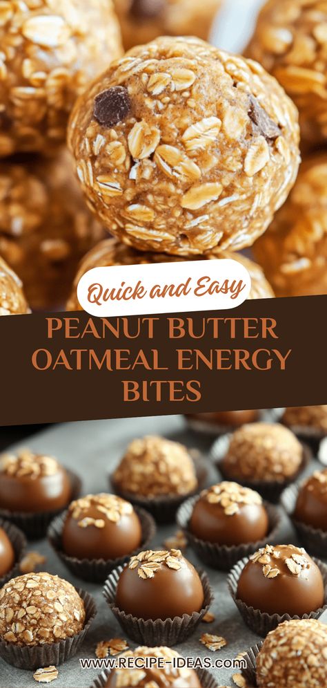 Discover tasty Peanut Butter Oatmeal Energy Bites with a healthy recipe ideal for snacks. This pin features two images illustrating the snack-making process and the final delicious product. Oat Energy Bites, Oats Peanut Butter Honey, Oatmeal Energy Bites, Oats Peanut Butter, Peanut Butter Oat, Peanut Butter Energy Bites, Oatmeal Peanut Butter, Protein Balls Recipes, Preworkout Snack