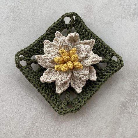 Water Lily Granny Square Crochet pattern by Anna Lisek Lily Of The Valley Granny Square, Lily Pad Granny Square, Water Granny Square, Water Lily Granny Square, Water Lily Crochet, Crochet Water Lily, Lily Granny Square, Granny Blanket, Square Crochet Pattern