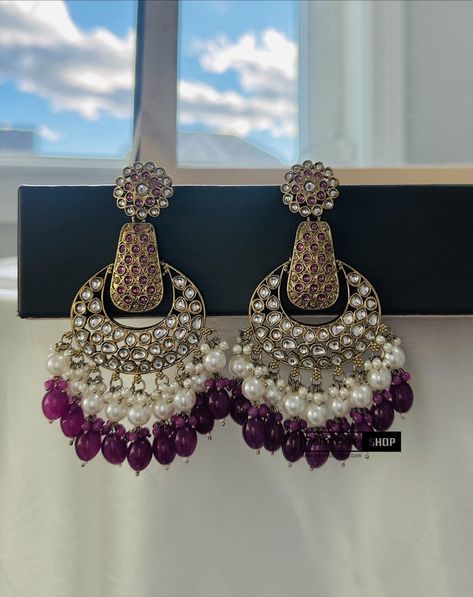 Multicolor Cutdana Jhumkas For Eid, Purple Jhumka, Purple Jhumka Earrings, Elegant Multicolor Cutdana Jhumkas, Diwali Temple Jewelry Dual-tone Jhumkas, Festival Meenakari Metal Jhumkas, Kundan Chandbali, American Diamond Necklaces, Oxidized Necklace