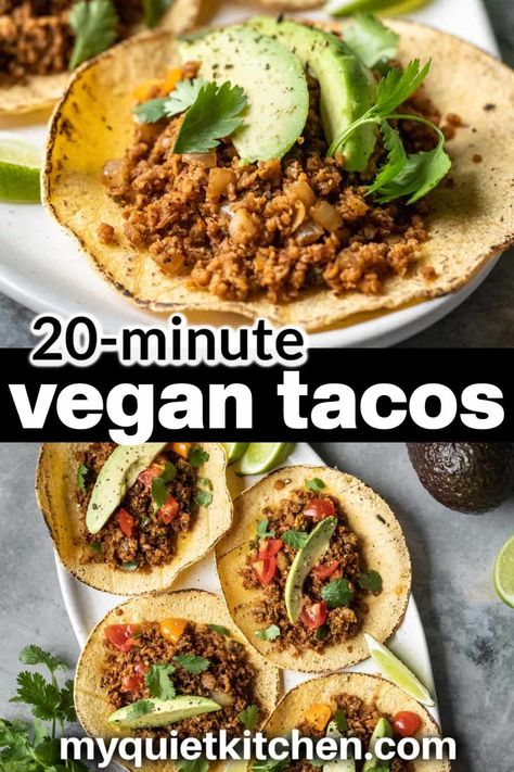 These vegan TVP tacos are full of flavor and so easy to prepare! High-protein, low-fat TVP (textured vegetable protein) is generously seasoned and sauteed with onion, garlic, and jalapeno. Serve with your favorite toppings for delicious vegan tacos even meat-eaters will love! TVP tacos are nut-free, gluten-free, low-fat, and can be made without oil. Ready in 20 minutes! Soy Curls Recipes, Textured Vegetable Protein, Vegan Tacos Recipes, Tacos Vegan, Vegan Entrees, Taco Meat Recipes, Soy Curls, Vegan Party Food, Tacos Burritos