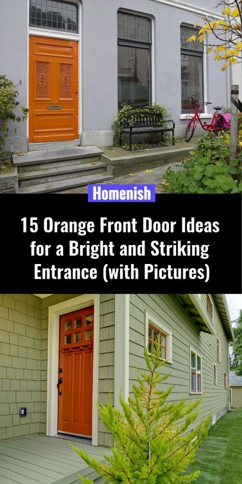 Orange Front Door, Coral Front Doors, Coral Door, Brown Front Doors, Green House Exterior, Orange Front Doors, Orange Paint Colors, Best Front Door Colors, Exterior Door Colors