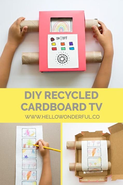 Recycle cardboard and use your child's art to make this fun, interactive DIY toy! #hellowonderful #kidscrafts #cardboard #cardboardtoys #recycledcrafts Cardboard Tv, Recycle Cardboard, Recycled Toys, Recycled Crafts Kids, Recycled Art Projects, Cardboard Toys, Diy Event, Diy Kids Toys, Recycled Cardboard