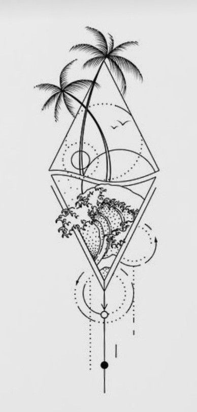 Triangle Palm Tree Tattoo, Tattoo Ideas Beach Ocean, Triangle Sea Tattoo, Mandala Beach Tattoo, Big Ocean Tattoo, Bahamian Tattoo Ideas, Beach Triangle Tattoo, Beachy Sketch Ideas, Bermuda Tattoo Ideas