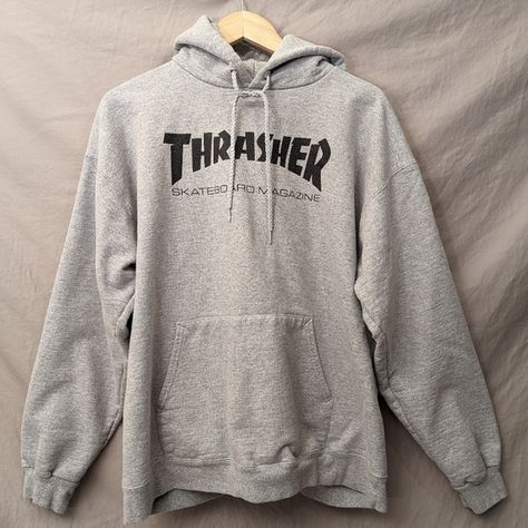 Grey Thrasher Skateboard Magazine Hoodie Thrasher Skateboard Magazine, Thrasher Skateboard, Skateboard Magazine, Thrasher Hoodie, Mini Skateboard, Hoodie Outfit, Color Tag, I Wish I Had, Black Tee