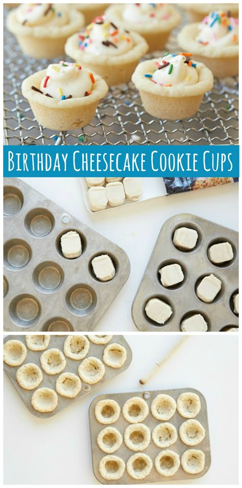 Celebrate any birthday or fun celebration with these cute Cheesecake Cookie Cups! Simply add your favorite colored sprinkles on top for a festive take on a one-bite dessert. Cute Cheesecake, Cheesecake Cookie Cups, Christmas Cookie Icing, Birthday Cake Cheesecake, Sugar Cookie Cheesecake, Pillsbury Sugar Cookies, Birthday Cheesecake, Cheesecake Cookie, Sugar Cookie Cups