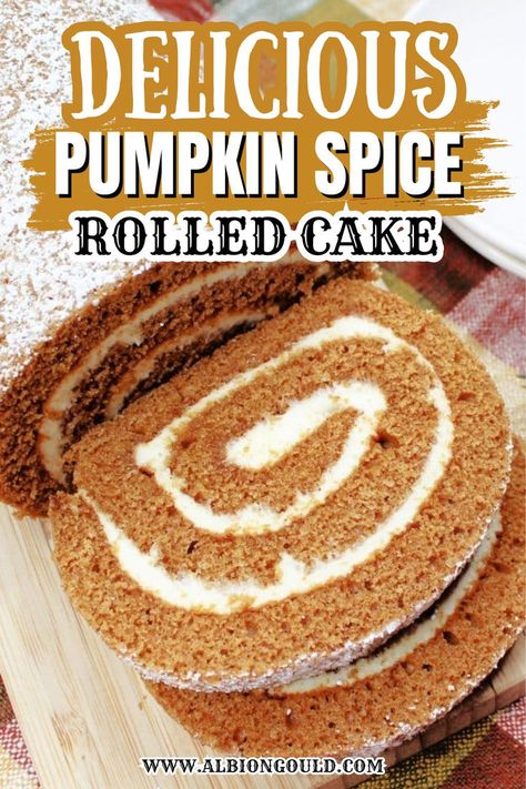 Indulge in the flavors of fall with this delicious pumpkin spice rolled cake. This recipe combines a moist pumpkin cake with a creamy filling, rolled to perfection. Whether for a holiday gathering or a cozy autumn dessert, this cake is sure to be a hit. Try it for a taste of the season! Pumpkin Spice Roll Cake, Pumpkin Cake Roll Recipe, Spice Cake Roll Recipe, Pumpkin Jelly Roll Cake, Pumpkin Sponge Cake, Spice Roll Cake, Pumpkin Spice Roll, Pumpkin Jelly, Moist Pumpkin Cake