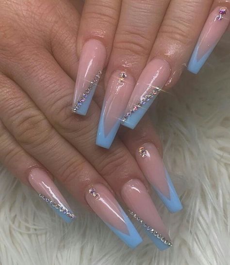 Light Blue Nails With Design Prom, Cinderella Blue Nails For Prom, Light Blue Nail Designs Coffin, Light Blue French Tip Nails Acrylic Long, Baby Blue And Silver Acrylic Nails, Light Blue Baddie Nails, Light Blue Bling Nails, Dusty Blue Prom Nails, Pale Blue French Tip Nails