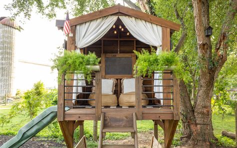 Our DIY Playhouse Additions - Hamilton Park Home Chalkboard Table, Tree House Plans, Tree House Diy, Diy Playhouse, Backyard Playhouse, Tree House Designs, Playhouse Outdoor, Backyard Playground, Backyard Play