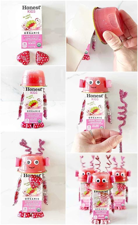 Valentines Favors For Kids School, Robot Valentine Box Ideas Juice, Valentines Robot Snacks, Robot Valentines Treats, Valentines Day Robots Treats, Valentine Robot Juice Boxes, Valentines Day Snacks For Kids Classroom Party, Valentine’s Day Preschool Snack, Healthy Valentines Treats For Kids Classroom