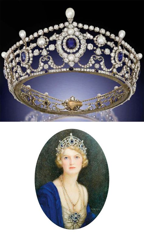 THE PORTLAND ANTIQUE SAPPHIRE, DIAMOND AND NATURAL PEARL TIARA. Designed as a series of twelve graduated cushion-shaped sapphire and old-cut diamond clusters to the openwork frame of diamond-set swag and husk motifs, embellished with bouton-shaped pearls and diamond line borders to the pear-shaped pearl finials and sapphire collet accents, mounted in silver and gold, circa 1890, inner circumference 54.0cm. Ivy Cavendish-Bentinck, Duchess of Portland, wearing the tiara. Queen Victoria Wedding, Royal Crown Jewels, Bijoux Art Nouveau, Royal Crowns, Pearl Tiara, Beautiful Tiaras, Royal Tiaras, Royal Jewels, Natural Pearl