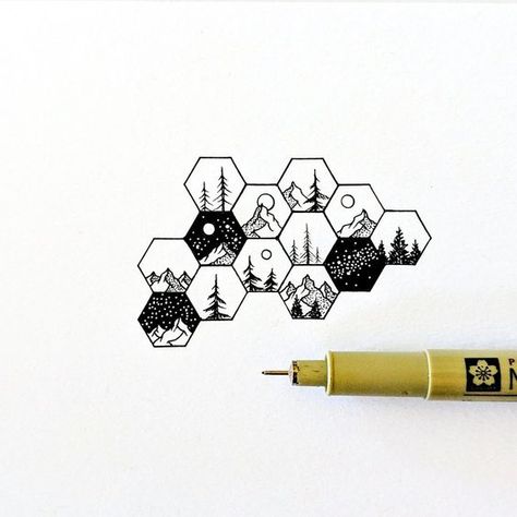 A bunch of tiny hexagon landscapes Stylo Art, 심플한 그림, Illustration Tattoo, Art Sketches Doodles, Doodle Art Drawing, Art Sketches Pencil, 카드 디자인, Easy Doodle Art, Easy Doodles Drawings