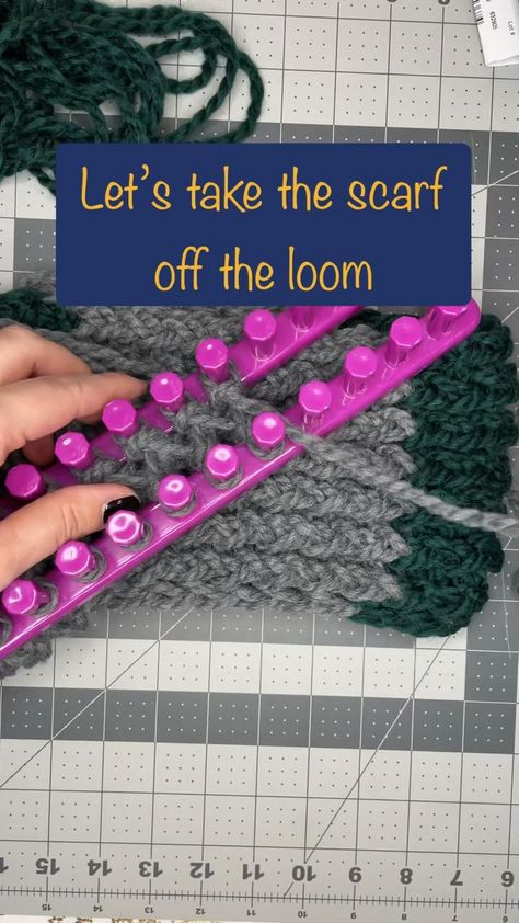 How to take a scarf off a loom | Pinterest Loom Knitting Cast Off, Knifty Knitter Beginner, Loom Knitting Projects Scarves & Shawls, How To Loom Knit A Scarf, Long Loom Knitting Patterns Free, Rectangle Loom Knitting Projects, Rectangle Loom Knitting Patterns, Long Loom Knitting For Beginners, Loom Crochet Beginner