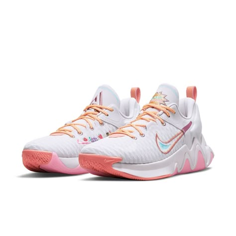 Introducing the Nike Giannis Immortality Force Field Super Smoothie, a collaboration sneaker with Giannis Antetokounmpo for those who want to stay on top of the trendiest street-style looks. This show features an enticing melon orange, blush pink and white color palette that makes it stand out from the crowd. The base of the shoe is white mesh while you can also enjoy various features, such as the “Super Smoothie” patch sewn onto the tongue and its lateral Swoosh featuring a stitched design with matte paint detail. The laces are tied at the top of your foot to keep it secure during use and the outsole comes in coral and blush pink which adds a unique touch to this fashionable shoe. It’s time you join in on this streetwear trend! The Nike Giannis Immortality Force Field Super Smoothie has a Cute Sport Shoes, High Top Volleyball Shoes, Women’s Volleyball Shoes, Volleyball Shoes Colorful, Women Basketball Shoes, Volleyball Shoes Aesthetic, Basketball Shoes Aesthetic, Colorful Basketball Shoes, Cute Volleyball Shoes