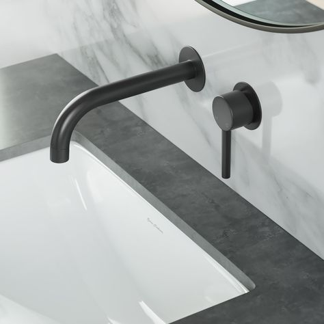 The Ivy Wall-Mount Faucet was designed to conserve space and give a contemporary twist to any bathroom. This minimalist, single-handle faucet was engineered with brass to help resist against corrosion and rust. FEATURES: High quality modern luxury design Brass built – made to last Faucet flow rate of 1.2 GPM Two-handle – easy to use Three-hole, easy installation DOCUMENTATION: Installation Manual Spec Sheet Wall Faucet Bathroom, Bathroom 2022, Black Faucet Bathroom, Matte Black Bathroom Faucet, Black Bathroom Faucet, Matte Black Faucet, Ivy Wall, Wall Faucet, Matte Black Bathroom