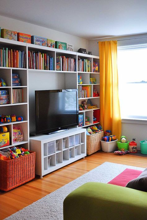 50+ Living Room Toy Storage Ideas That Keep Everyone Happy Toy Wall Storage Ideas, Basement Toy Storage Ideas, Wall Toy Storage Ideas, Toy Storage Ideas For Small Spaces, Living Room With Toys, Play Space In Living Room, Toy Storage Ideas For Living Room, Toy Storage In Living Room, Room Toy Storage Ideas