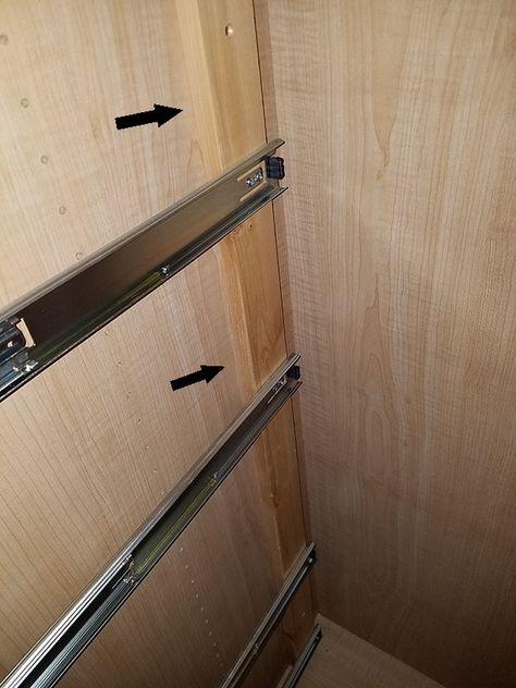 Convert Cabinet To Drawers, Installing Drawer Slides, Build Drawers, Wood Drawer Slides, Building Drawers, Drawer Sliders, Building Kitchen Cabinets, Pull Out Shelves, Diy Drawers