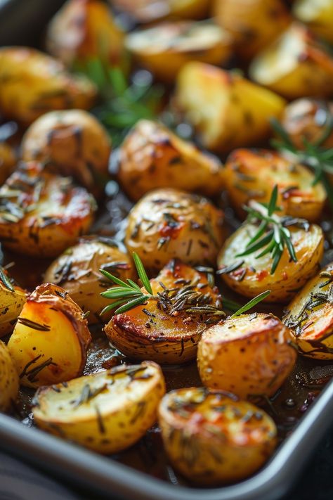 Roasted baby potatoes with rosemary on a baking sheet. Delicious Roasted Potatoes, Perfectly Roasted Potatoes, Roasted Herb Potatoes In Oven, Fall Potatoes Recipes, Whole 30 Roasted Potatoes, Garlic Rosemary Roasted Potatoes, Rosemary Breakfast Potatoes, Crispy Roast Potatoes Recipes, Rachel Ray Potatoes