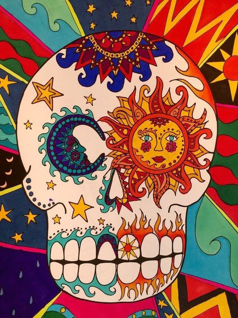 Colourful Skull Art, Mexican Skulls Art, Skull Art Colorful, Mexican Art Ideas, Mexican Art Patterns, Sugar Skulls Ideas, Day Of The Dead Skull Art, Mexican Inspired Art, Mexican Skull Drawing