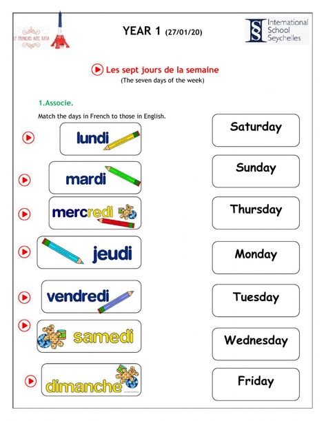 Days Of The Week French Worksheets, French Days Of The Week Worksheet, French Exercise, French Days Of The Week, Days Of The Week Activities, Calendar Worksheets, Basic French, Basic French Words, French Worksheets