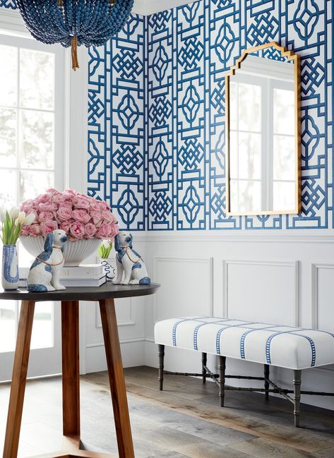 Pavilion introduces Thibaut's first performance vinyl wallpaper collection that pairs durability with brightly colored, bold, Asian inspired patterns. Styl Hampton, Thibaut Wallpaper, Navy Wallpaper, Chinoiserie Chic, Storing Paint, Wallpaper Black, Visual Texture, Striped Wallpaper, Wallpaper Online