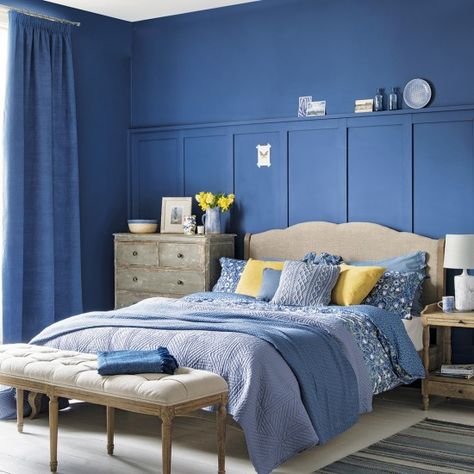 Bedroom with indigo blue walls and cream and yellow accents | Bedroom paint ideas | housetohome.co.uk Bedroom Decor Ideas Blue, Boys Blue Bedroom, Teal Blue Bedroom, Blue Bedroom Ideas For Couples, Dark Teal Bedroom, Bedroom Decor For Boys, Blue Bedroom Decor Ideas, Bedroom Ideas Blue, Bedroom Decor Blue