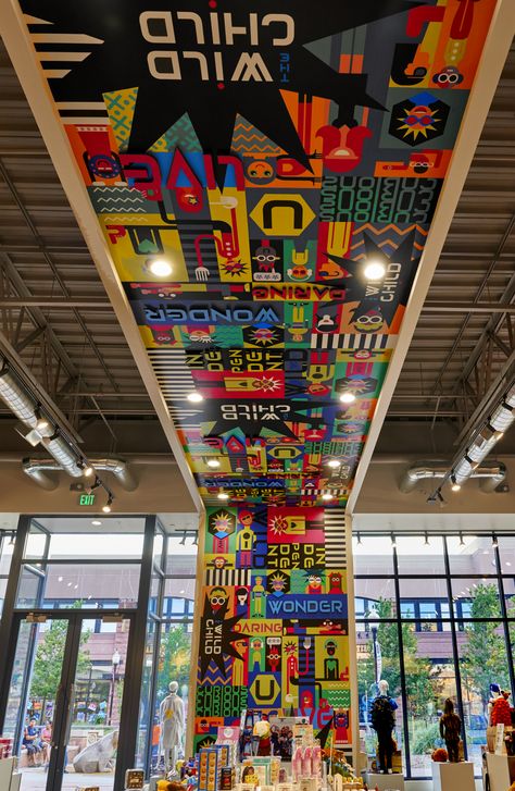 Ceiling and #wallgraphics in kids toy store in #Denver. #retaildesign #interiordesign Ceiling Store Design, Toy Store Design Shops, Toy Display Ideas Retail, Toys Store Design, Toy Store Interior Design, Game Store Design, Toys Shop Interior, Toys Shop Design, Toy Store Interior