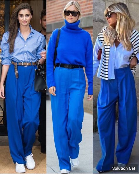 Orange And Royal Blue Outfits, Cobalt Trousers Outfit, How To Style Royal Blue Pants, Full Blue Outfit, Royal Blue Slacks Outfit Women, Bright Blue Trousers Outfit, Blue Silk Pants Outfit, Cobalt Blue Outfit Color Combos, Outfit Pantalon Bleu