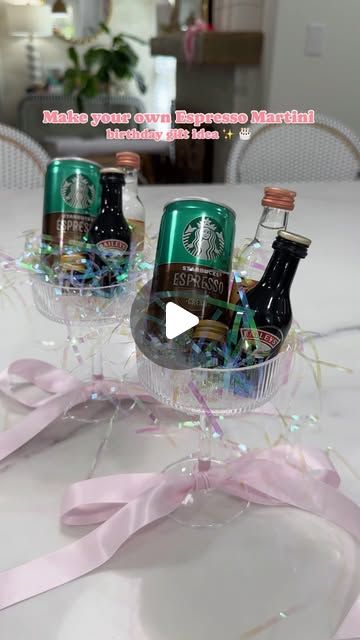 Amber Capps on Instagram: "A make your own espresso martini gift idea✨  I bought a set of coupe glasses from Amazon, tied a ribbon around the bottom of the glass + filled them with irredescent crinkle paper.   I used mini glass bottles and filled them with espresso beans to garnish with, added a can of espresso, mini bottles of vodka and coffee liqueur (I used Bailey’s because it’s the closet I could find in a mini bottle - I would normally use Kahlua ☕️) to each glass.   They were the perfect birthday gift for 2 of my friends who love espresso martinis! (+ so easy to make!)  . . . . . . #espressomartini #espresso #giftideas #giftideasforher #amazongiftideas #amazongiftideas #birthdaygifts #martinicocktail #giftsforher #easygiftideas #coupeglass #amazonfinds" Espresso Martini Gift Basket, Mini Bottle Gift Ideas, Small Liquor Bottles Gift Ideas, Mini Liquor Bottle Gift Ideas, Martini Gift Ideas, Espresso Martini Gift, Bottle Gift Ideas, Whiskey Gift Set, Espresso Martinis