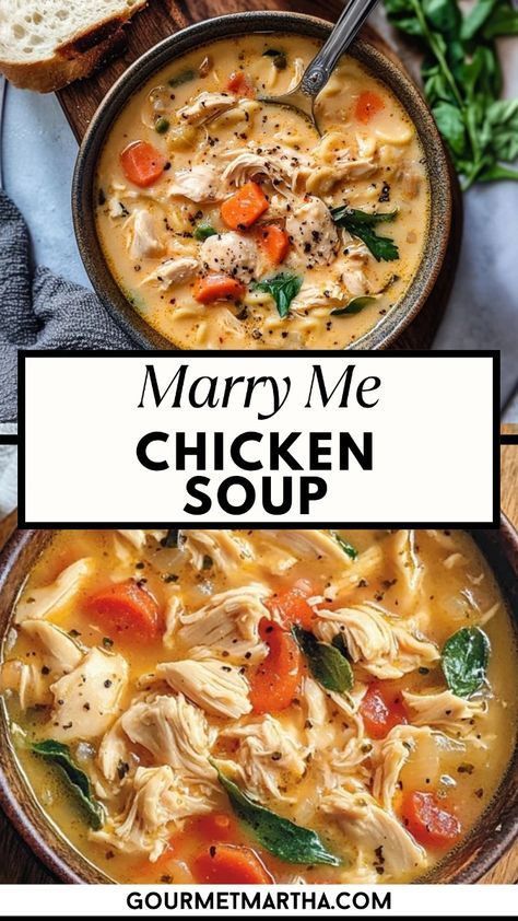 This Marry Me Chicken Soup is rich, creamy, and loaded with tender chicken, savory herbs, and a touch of parmesan. It’s so delicious, they’ll want to marry you after one bite! Perfect for cozy nights or when you need an easy, comforting meal. Save this recipe for an easy dinner. #marrymechicken #chickensoup #comfortfood #easydinnerideas #heartymeals #souprecipes #familydinner #weeknightdinners #creamychickensoup #onepotmeals #homemadesoup #quickdinnerrecipes One Pot Chicken Soup, Marry Me Chicken Soup Recipe, Marry Me Recipes, Marry Me Chicken Soup, Chicken Creamy Soup, Crockpot Chicken Soup Recipes, Macaroni Soup Recipes, Best Chicken Soup Recipe, Gluten Free Dairy Free Dinner