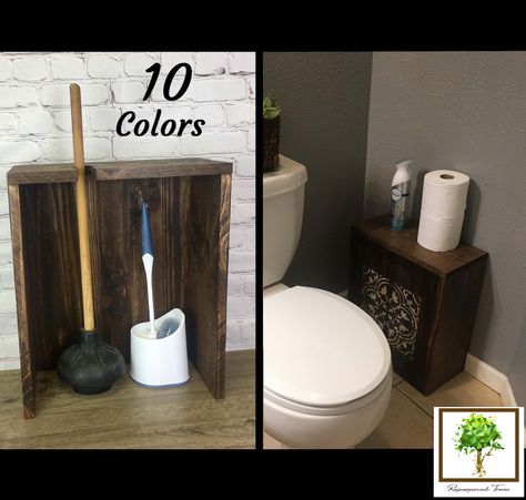 Organize your bathroom and hide that awkwardly showing toilet brush and plunger with the help of this wooden box. Entirely handcrafted from solid wood and comes in 10 different colors and a stencil option, so you can find a suitable color to match your bathroom style. What a great invention this is, and pretty unique on the market, a toilet brush and plunger holder that basically makes them invisible. The hidden storage box has a place for two brushes, or a plunger and a brush features a hole on How To Store Plunger And Toilet Brush, Plunger Holder, Hello Sweet Cheeks Bathroom, Hello Sweet Cheeks, Wooden Organizer, Wooden Cabinets, Cabinets Organization, Toilet Brush, Bathroom Style