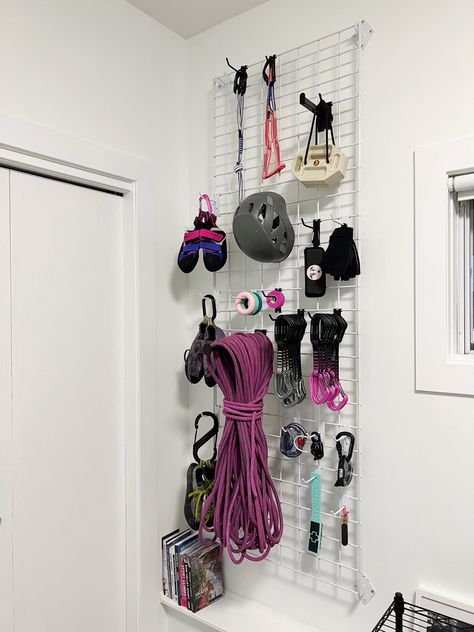 Climbing Storage Ideas, Gear Room Organization Small Spaces, Outdoor Gear Storage Ideas, Climbing Gear Rack, Climbing Gear Storage, Climbing Gear Organization, Gear Storage Ideas, Climbing Storage, Gear Room Organization