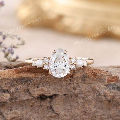 Pearl And Moissanite Engagement Ring, Engagement Rings Pearls, Pear Engagement Ring With Pearls, Engagement Ring With Pearls And Diamonds, Diamond Ring With Pearls, Engagement Ring With Pearl Accents, Wedding Ring Pearl And Diamond, Engagement Rings With Pearls Accents, Engagement Ring With Pearls