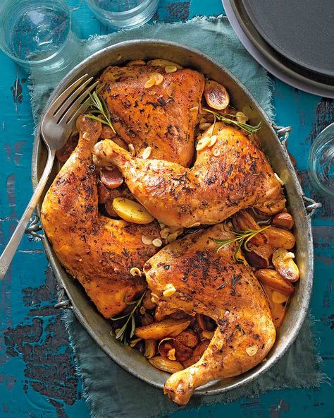 This slow-braised chicken dish takes a few hours but you’ll be rewarded first with the heady aromas and then with fall-off-the-bone chicken and meltingly delicious potatoes. #chicken #slowcooker #comfortfood Chicken Quarter Recipes, Fall Slow Cooker, Fall Slow Cooker Recipes, Chicken Quarters, Leg Quarters, Garlic Chicken Recipes, Rosemary Garlic, Braised Chicken, Chicken Slow Cooker Recipes