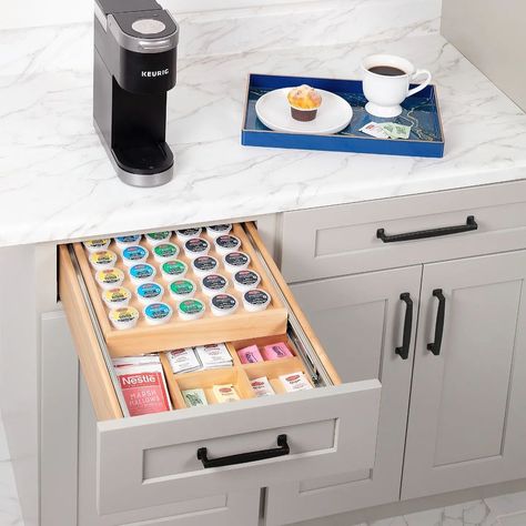 ROK Hardware & Cabinets | Stunning kitchen inspiration! Imagine all the hidden storage possibilities you can include in all those drawers! 😍 Credit/ Designer:… | Instagram Coffee Drawer, Beverage Stations, Keurig Pods, Bar Renovation, Coffee Pods Drawer, Nespresso Original, Nespresso Pods, Coffee Supplies, Green Kitchen Cabinets