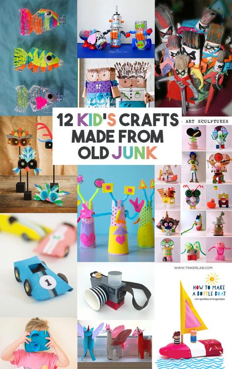 12-kids-crafts-using-old-junk Food Crafts For Kids, Junk Modelling, Diy Blanket Ladder, Egg Cartons, Cereal Boxes, Junk Art, Recycled Art, Empty Bottles, Upcycled Crafts