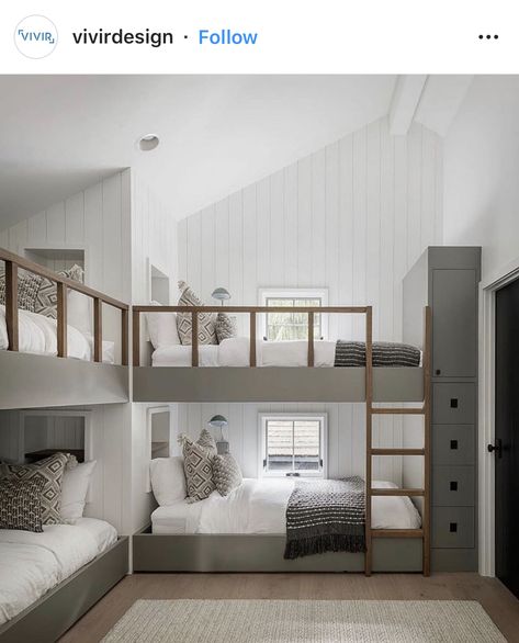 Bunk Bed Over Window, Bunk Bed By Window, Built In Bunk Beds High Ceiling, Vaulted Ceiling Bunk Beds, Closet To Bunk Beds, Painted Built In Bunk Beds, Montessori Bunk Bed, Built In Bunk Beds With Storage, Bunk Bed In Front Of Window