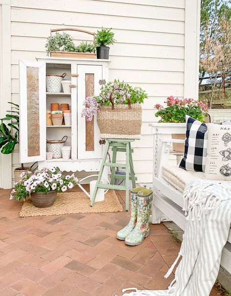 Back Porch Storage Cabinets, Garden Storage Cabinet, Townhouse Ideas, Outdoor Garden Storage, Modern Farmhouse Decor Ideas, House Redo, Soft Green Color, Potting Tables, Garden Sheds