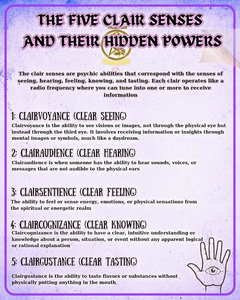 🔮✨ Discover the hidden powers of the five clairs in witchcraft, each offering a unique way to connect with the unseen: 👁️ **Clairvoyance (Clear Seeing):** Tap into visions and images beyond the ordinary, gaining insights through mental imagery. 👂 **Clairaudience (Clear Hearing):** Hear messages from the spiritual realm, perceiving sounds and voices beyond the physical. 🤲 **Clairsentience (Clear Feeling):** Feel energies and emotions, tuning into the vibrations of people and places. 🧠 **Cl... Clairsentience Development, Clairvoyant Psychic Abilities, New Year Diy, Healing Spirituality, Elemental Magic, Spiritual Realm, Energy Healing Spirituality, Astral Travel, Do Exercise