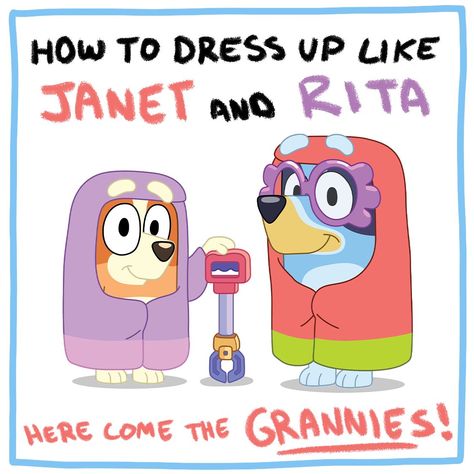 Grannies dress-up guide - Bluey Official Website Bluey Grannies Costume Crochet, Bluey Grannies Crochet, Diy Bluey Grannies Costume, Janet And Rita Bluey Costume, Grannies Bluey Bingo, Bluey Grannies Printable, Bluey Grannies Costume, Bluey Costume, Granny Costume