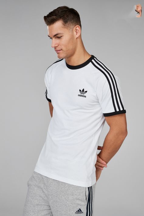 Mens adidas Originals 3 Stripe California T-Shirt -  White Adidas Shirt Mens, Raglan Tshirt, Outfit Adidas, Adidas Shoes Superstar, Adidas Tracksuit, Superstars Shoes, Men Sport, Mens Adidas, Knit Shoes