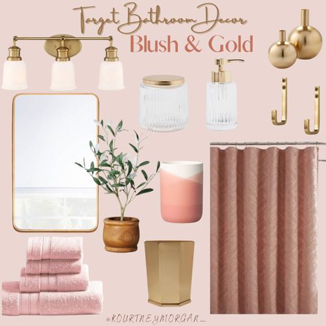 Light Pink Bathroom Decor Ideas, Bathroom Pink Decoration, Blush Bathroom Decor Ideas, Pink Decor For Bathroom, Blush Boho Bathroom, Blush And Gold Bathroom Decor, Small Girls Bathroom Ideas, Pink Bathroom With Gold Fixtures, Pink Brown Bathroom Ideas