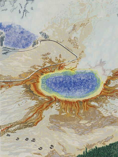 Inspired by Yellowstone National Park, Wyoming artist Ben Roth honors the park’s 150th anniversary with a free, commemorative piece celebrating its abundant wildlife and the vibrant Grand Prismatic Spring. Learn more about our collaborations on our website. #yellowstone #yellowstonenationalpark #art #yellowstoneart Wyoming Art, Yellowstone Painting, Yellowstone Poster, Yellowstone Illustration, Yellowstone Map Illustration, Yellowstone Hot Springs, Yellowstone Map, Yellowstone National Park Geyser, Presentation Backgrounds