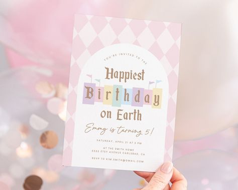 Happiest Birthday on Earth Invitation, Pastel Girl Birthday Invitation Template, Its a Small World, Digital Download, Instant Download 5832 - Etsy It's A Small World Birthday, Disneyland Party Invitations, Happiest Birthday On Earth Theme, Happiest Birthday On Earth, Disneyland Birthday, Disney Birthday Party, Happiest Birthday, Pastel Girl, Birthday Inspo