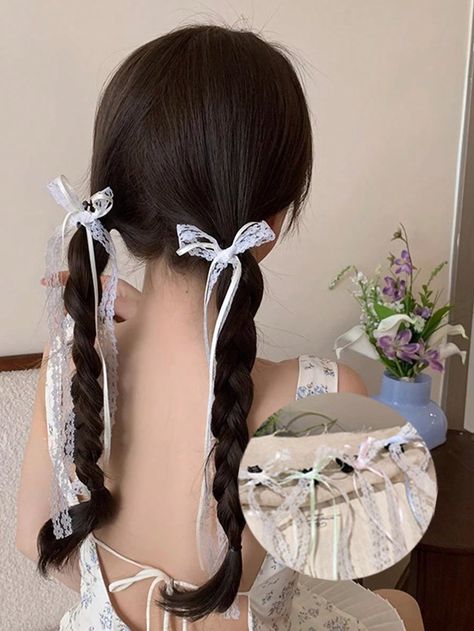 1pc Spring/Summer Chic Lace Bow Ribbon Hair Clip For Women, Sweet Girls Double Ponytail Claw HairpinI discovered amazing products on SHEIN.com, come check them out! Korean Hairstyle Ideas, Ribbon Hair Clip, Two Ponytails, Double Ponytail, Tutorial Ideas, Hair Tips Video, Easy Hairstyle, Hair Ribbons, Hairstyle Tutorial