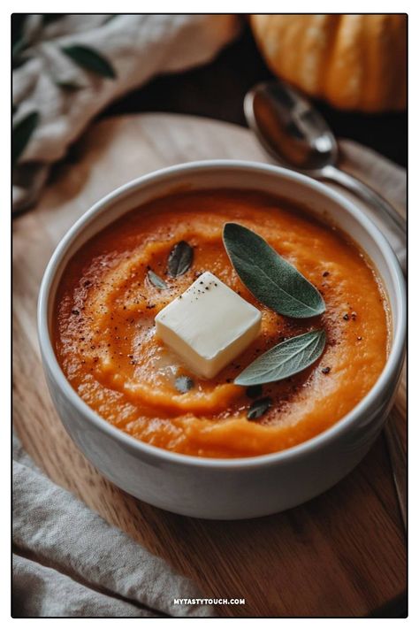 I just made the most comforting creamy pumpkin soup, perfect for chilly days! This velvety bowl is topped with a pat of butter and fresh sage, giving it a rich flavor that warms the soul. It's super easy to make, and the aroma that fills your kitchen is simply irresistible. Don't miss out on this fall favorite! Recipes For Butternut Squash, Squash Soup Recipes, Butternut Squash Benefits, Creamy Pumpkin Soup Recipe, Butternut Squash Cinnamon, Creamy Pumpkin Soup, Squash Vegetable, Butternut Squash Recipes Soup, Squash Soup Recipe