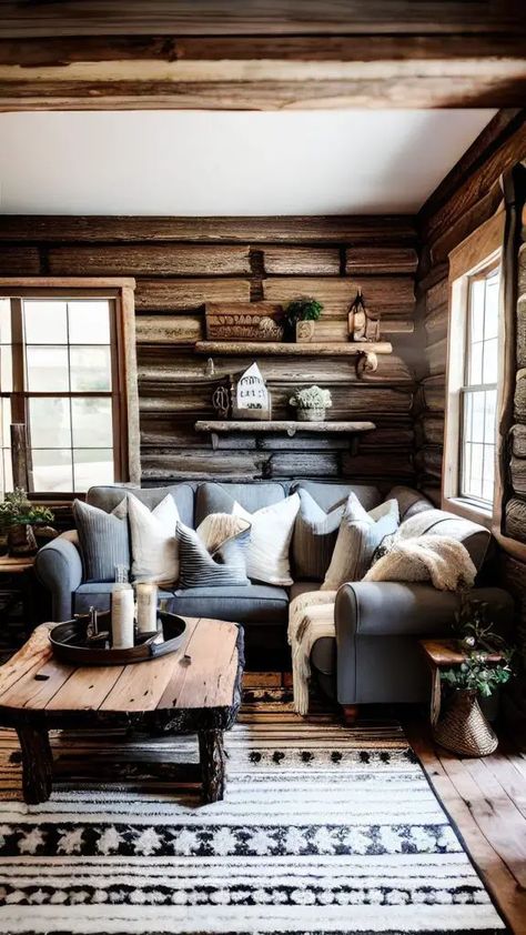 Cabin Artwork Ideas, Cabin Home Decor Living Room, Farmhouse Log Cabin Interior, Lodge Cabin Living Room, Cabin Couch Ideas, Small Log Cabin Homes Interior Decor, Mountain Cabin Decor Lodge Style Bedrooms, Rustic Outdoorsy Home Decor, Cozy Lodge Bedroom