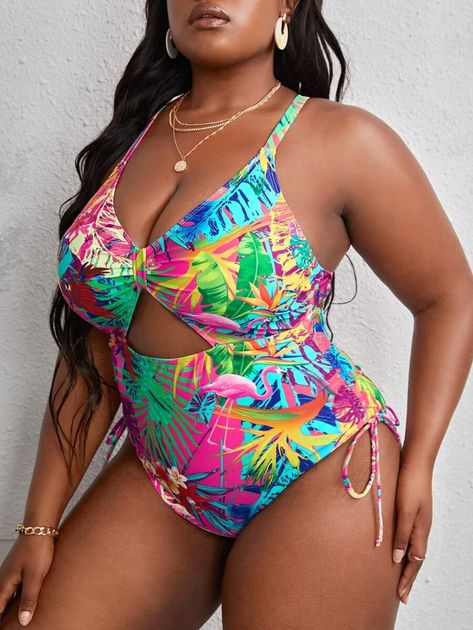 Plus Tropical Print Cut Out Crisscross Tie Back Drawstring One Piece Swimsuit | SHEIN USA Traje Casual, Cut Out Swimsuits, Plus Size Jumpsuit, Stylish Plus, Tropical Pattern, Plus Size Swimwear, Swim Dress, Black Border, Tropical Print