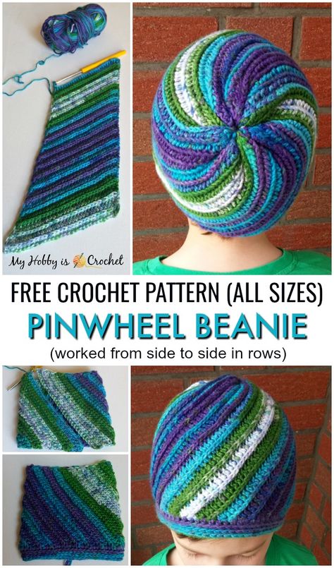 Pinwheel Beanie (all sizes) - Free Crochet Pattern and Tutorial Spiral Beanie Crochet Pattern, Crochet Beanie Pattern Free Womens Easy, Crochet Headwear, Beanie Pattern Free, Crochet Beanie Pattern Free, Crochet Pattern Tutorial, Chemo Hats, Snow Flower, Bun Hat