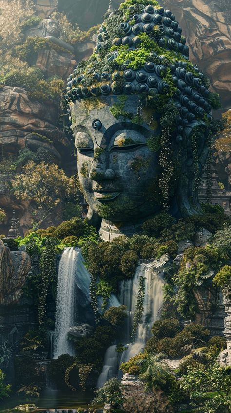 #BuddhaStatue #Waterfalls #Cliffs #Rocks #GreenPlants #UltrahighDefinition #VrayRendering #AerialPhotography #HighContrast #9:16 #TheCandie Inner Peace Art, Photography Angles, Geometric Mandala Tattoo, Inspirational Digital Art, Buddha Tattoo, Buddhism Quote, Geometric Mandala, Buddha Art, Color Tones